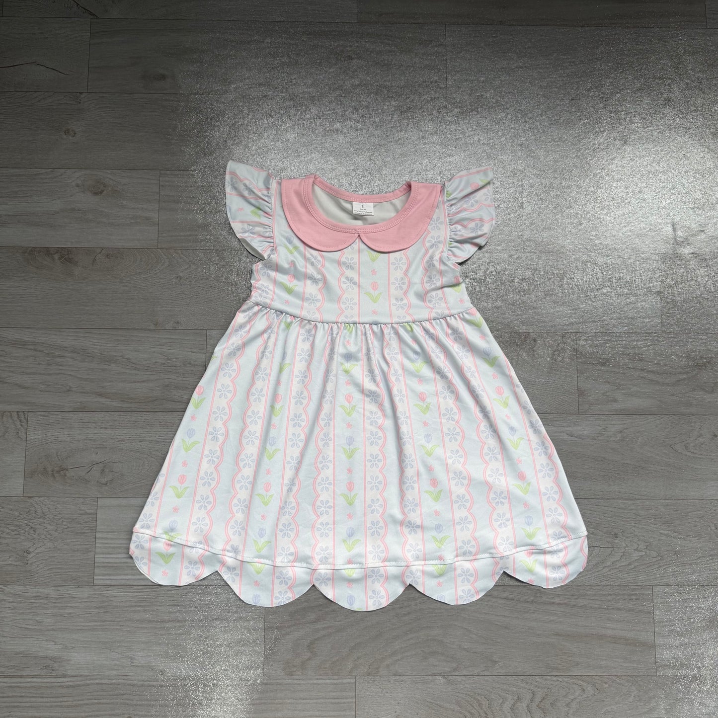 Baby Girls Flutter Sleeve Flowers Stripe Collar Scallop Knee Length Dresses