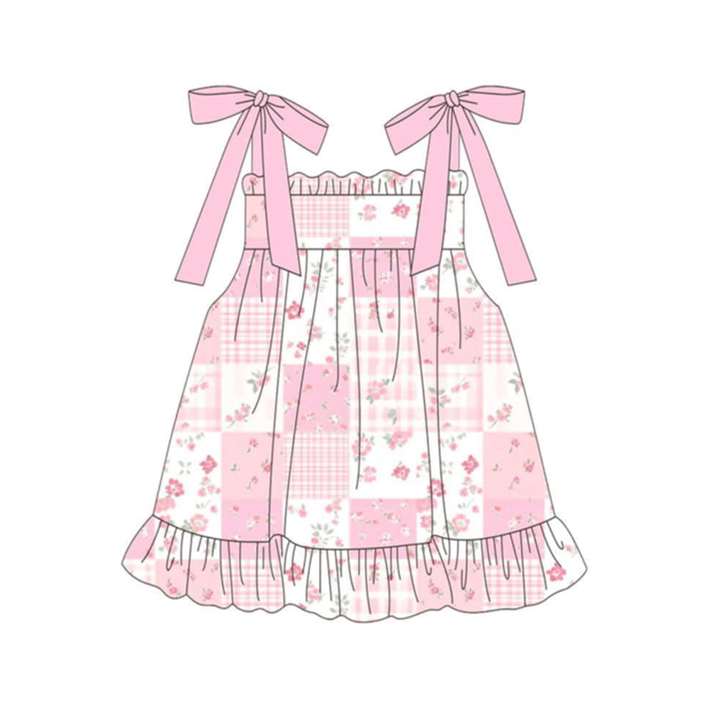 Baby Girls Pink Strap Flowers Checked Ruffle Knee Length Dresses Preorder