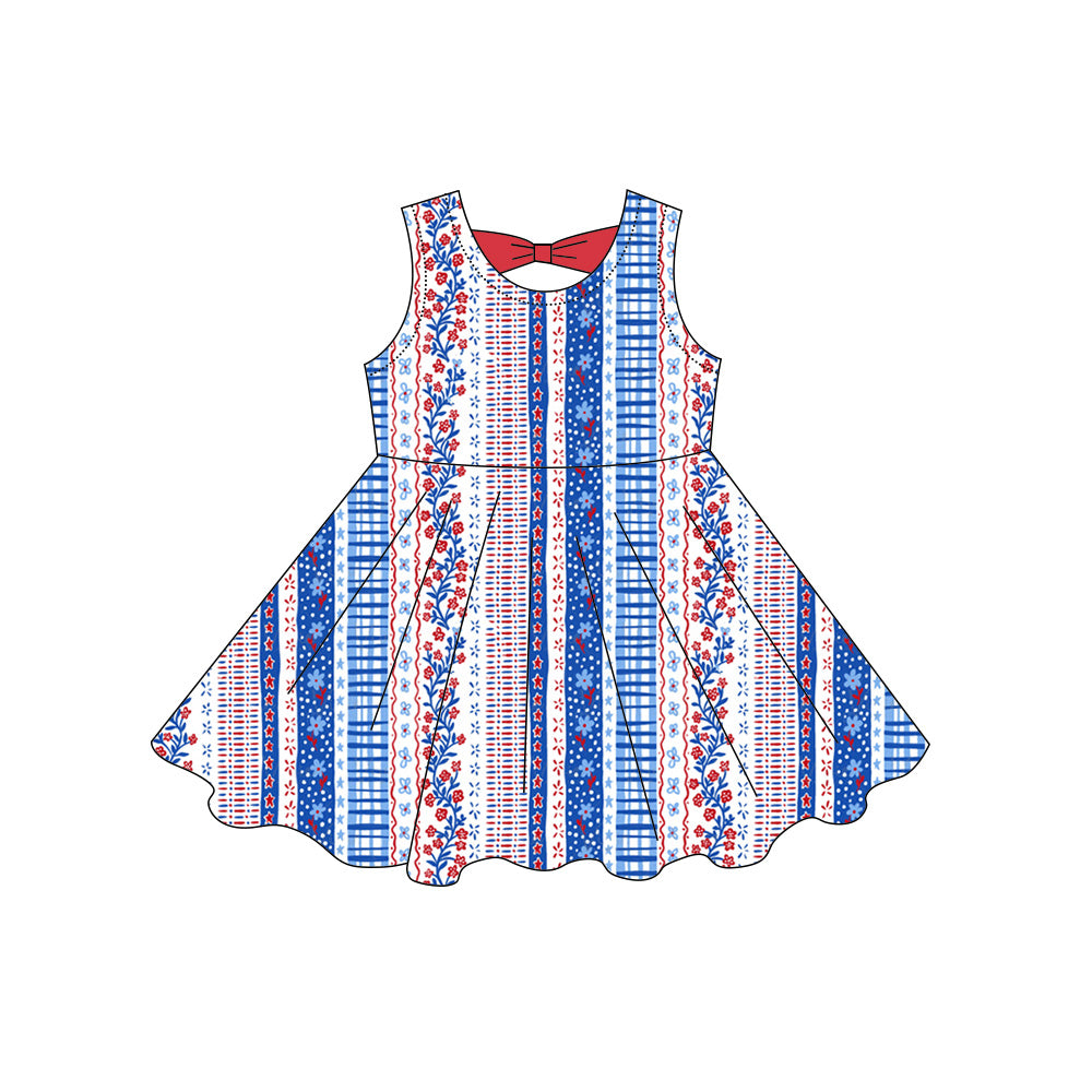 Baby Girls Sleeveless Red Blue Flowers Stripe 4th of July Knee Length Dresses Preorder