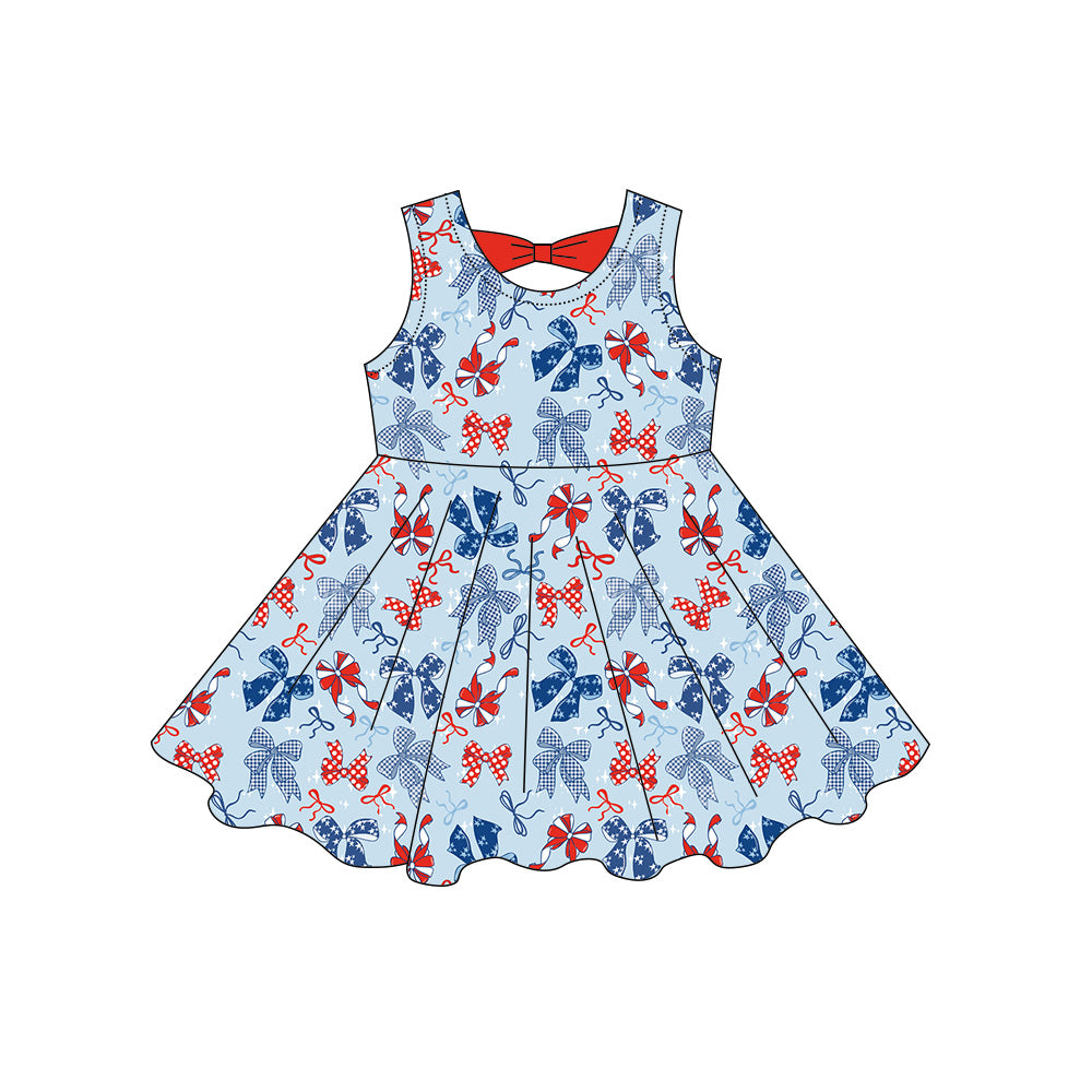 Baby Girls Sleeveless Red Blue Bows Plaid 4th of July Knee Length Dresses Preorder