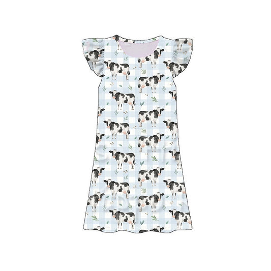 Baby Girls Flutter Sleeve Blue Checked Cows Farm Knee Length Dresses Preorder