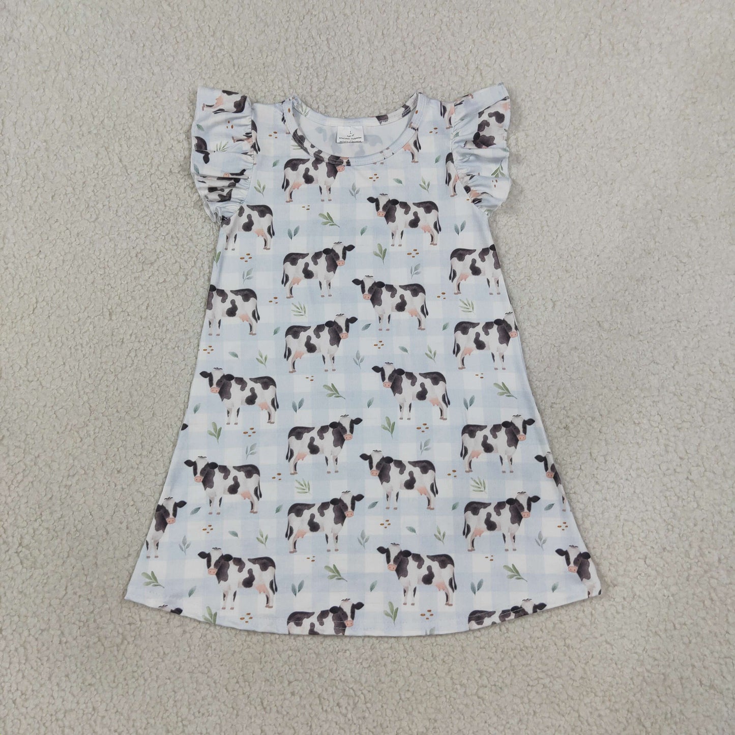 Baby Girls Flutter Sleeve Blue Checked Cows Farm Knee Length Dresses