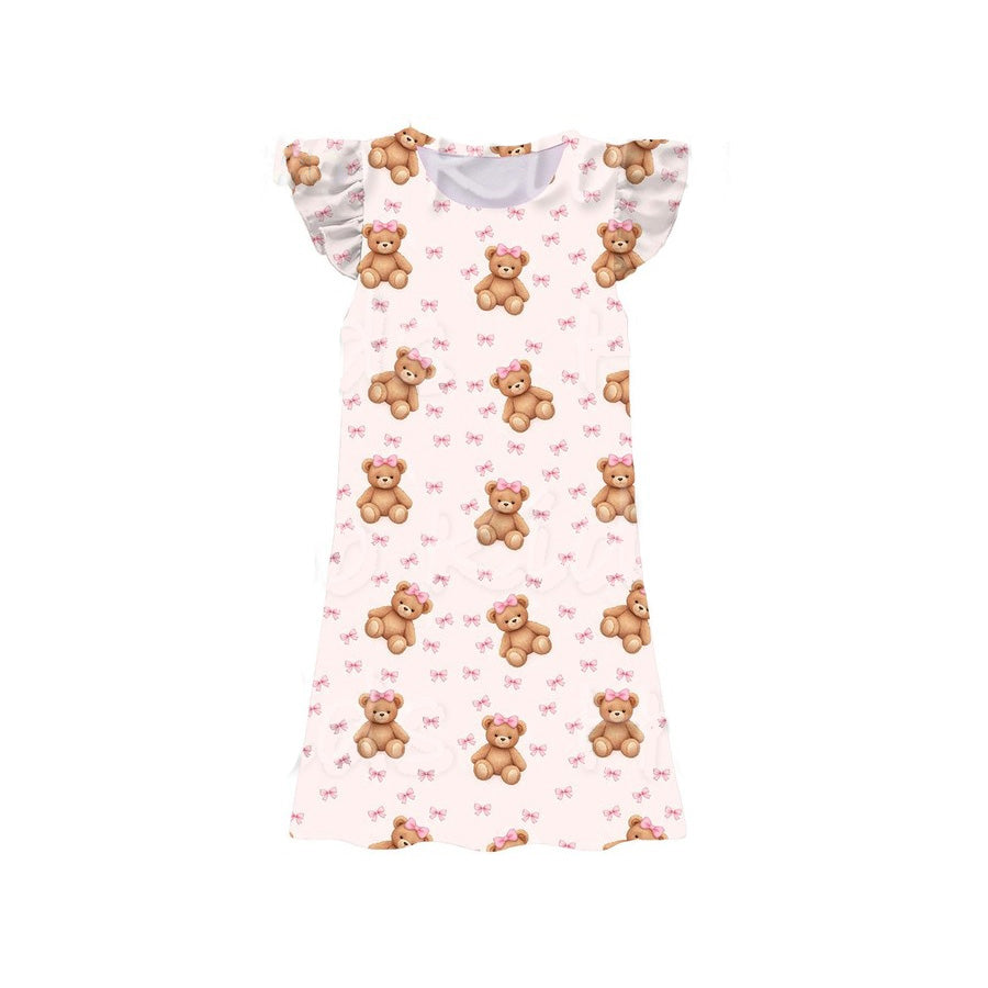 Baby Girls Flutter Sleeve Pink Bows Bears Plaid Knee Length Dresses Preorder