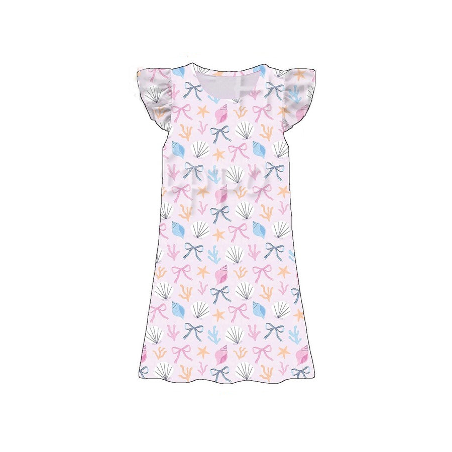 Baby Girls Flutter Sleeve Colorful Bows Shells Knee Length Dresses Preorder