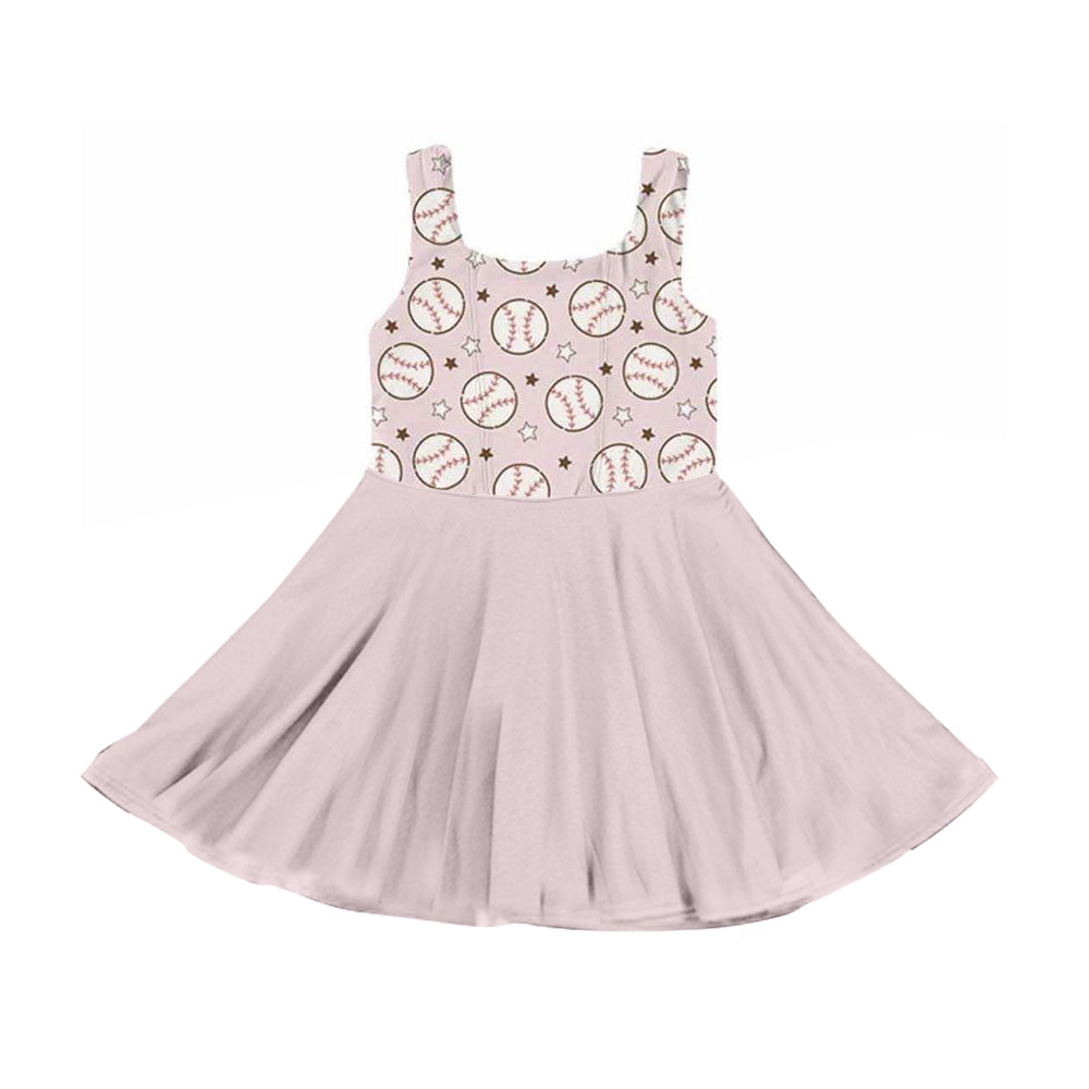 Baby Girls Pink Sleeveless Star Baseballs Team Knee Length Dresses Preorder