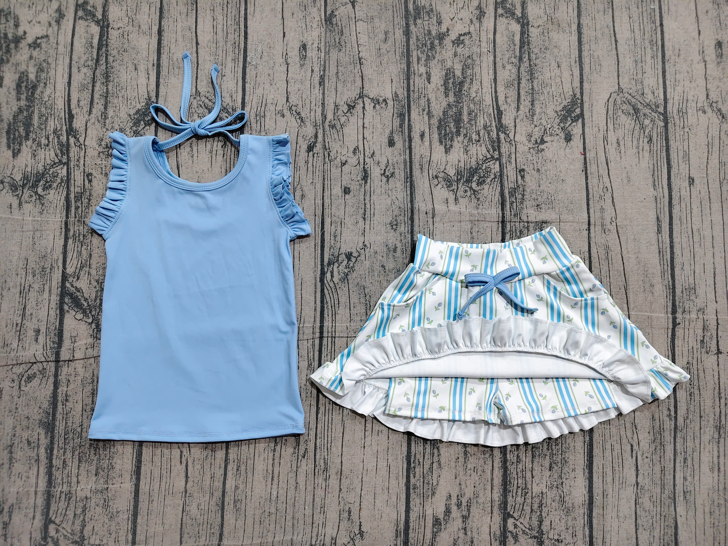 Baby Girls Blue Sleeveless Top Flowers Skirt Shorts Yoga Active Clothes Set