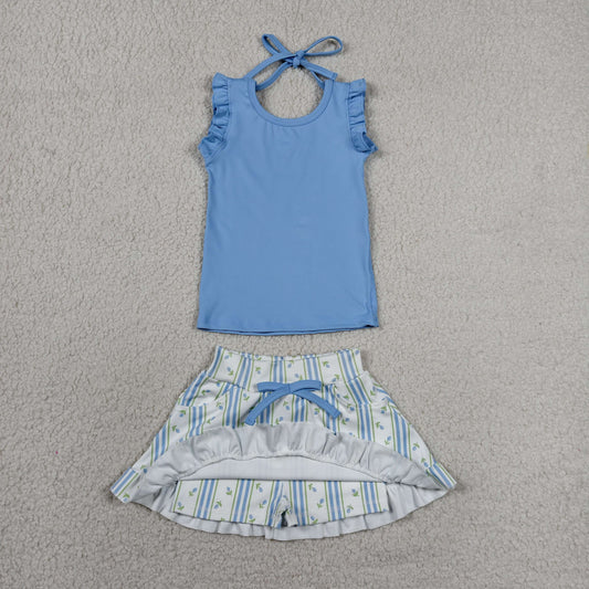 Baby Girls Blue Sleeveless Top Flowers Skirt Shorts Yoga Active Clothes Set