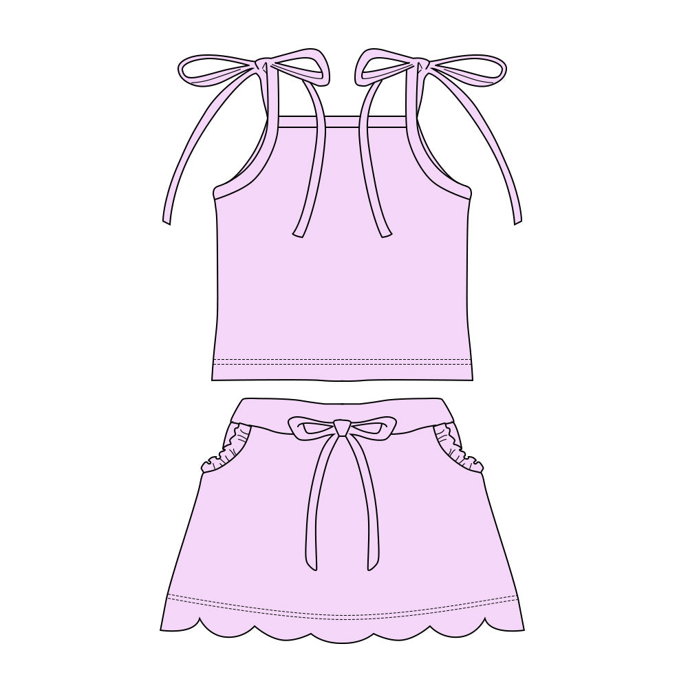 Baby Girls Lavender Strap Top Scallop Pockets Skirt Shorts Clothes Set Preorder
