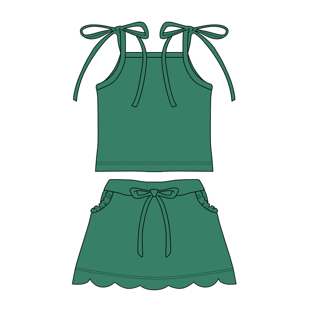 Baby Girls Green Strap Top Scallop Pockets Skirt Shorts Clothes Set Preorder
