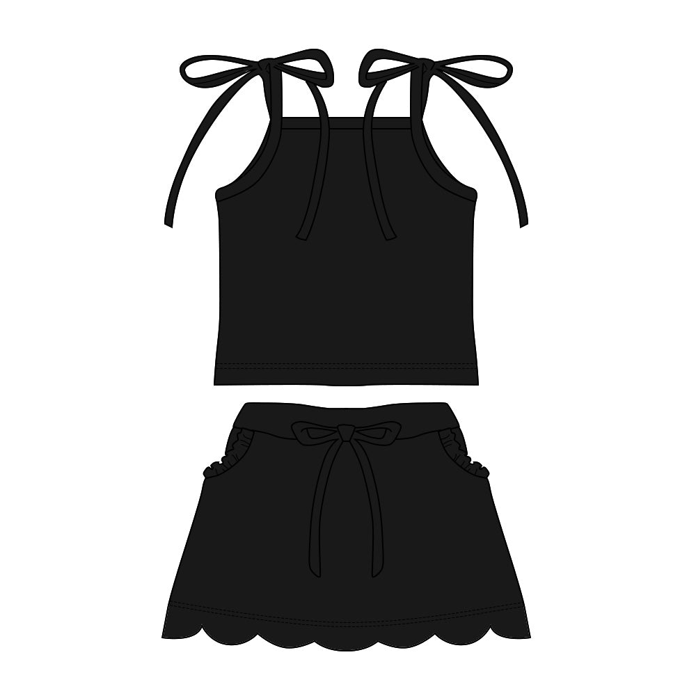Baby Girls Black Strap Top Scallop Pockets Skirt Shorts Clothes Set Preorder
