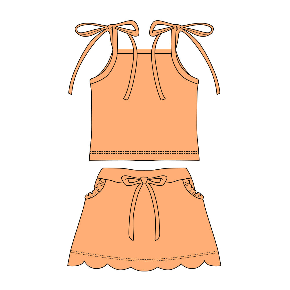 Baby Girls Orange Strap Top Scallop Pockets Skirt Shorts Clothes Set Preorder