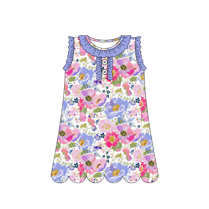 Baby Girls Sleeveless Colorful Flowers Button Knee Length Dresses Preorder