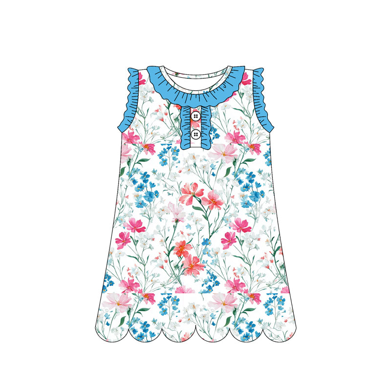 Baby Girls Sleeveless Colorful Flowers Button Knee Length Dresses Preorder