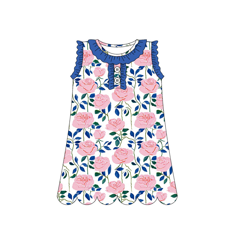Baby Girls Sleeveless Colorful Flowers Button Knee Length Dresses Preorder