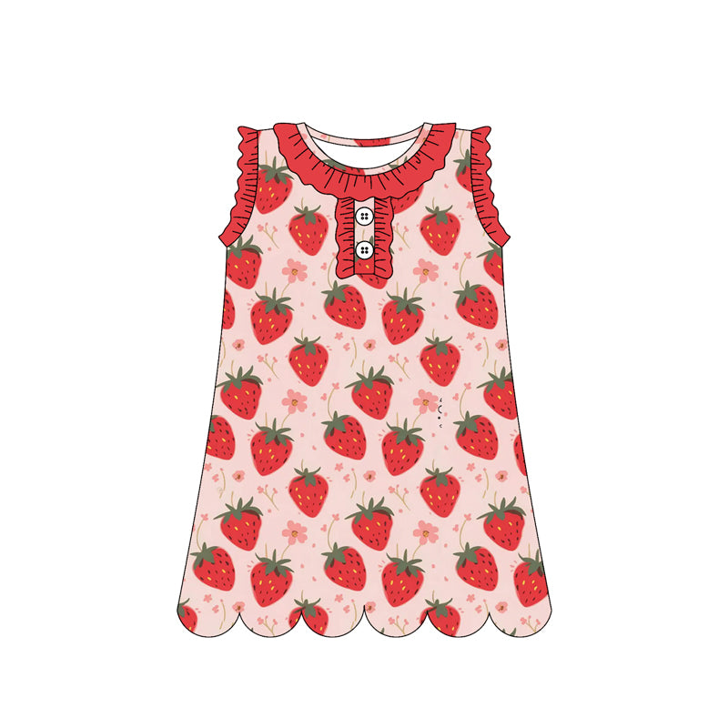 Baby Girls Sleeveless Strawberry Flowers Button Knee Length Dresses Preorder