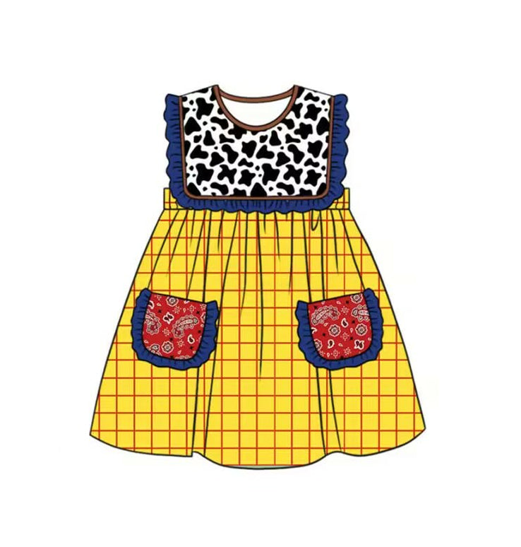 Baby Girls Cow Print Yellow Checked Pockets Knee Length Dresses Preorder
