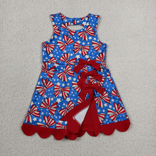 Baby Girls Flag Bows Stars 4th of July Yoga Active Short Scallop Knee Length Dress