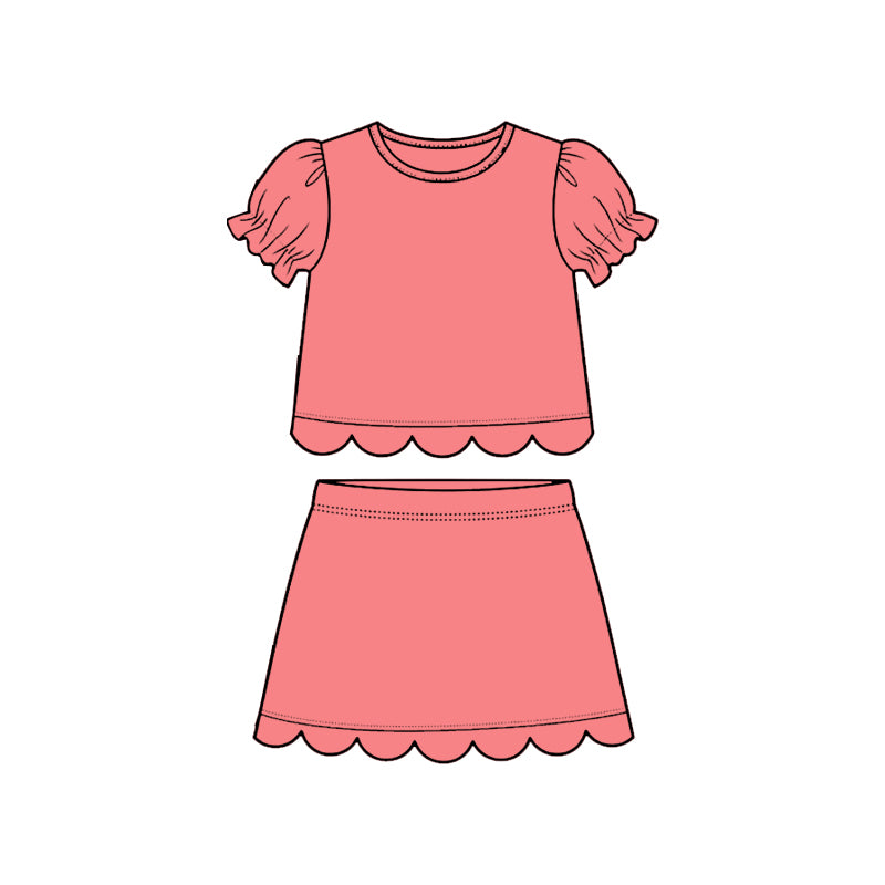 Baby Girls Peach Short Ruffle Sleeve Top Skirt Short Scallop Clothes Sets Preorder