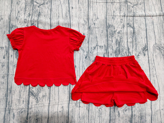Baby Girls Red Short Ruffle Sleeve Top Skirt Short Scallop Clothes Sets Preorder