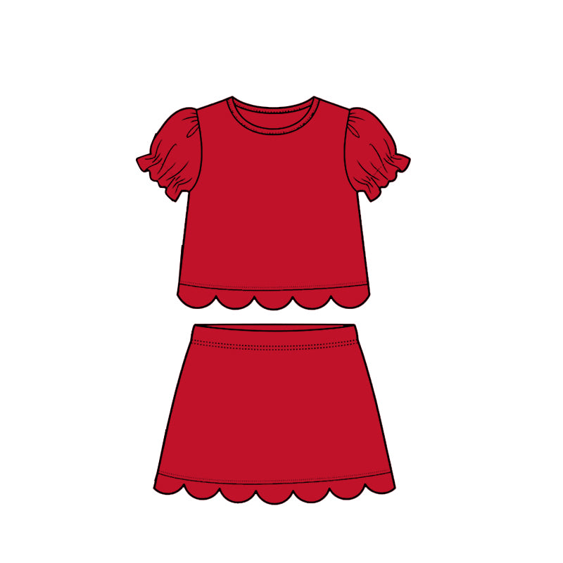 Baby Girls Red Short Ruffle Sleeve Top Skirt Short Scallop Clothes Sets Preorder