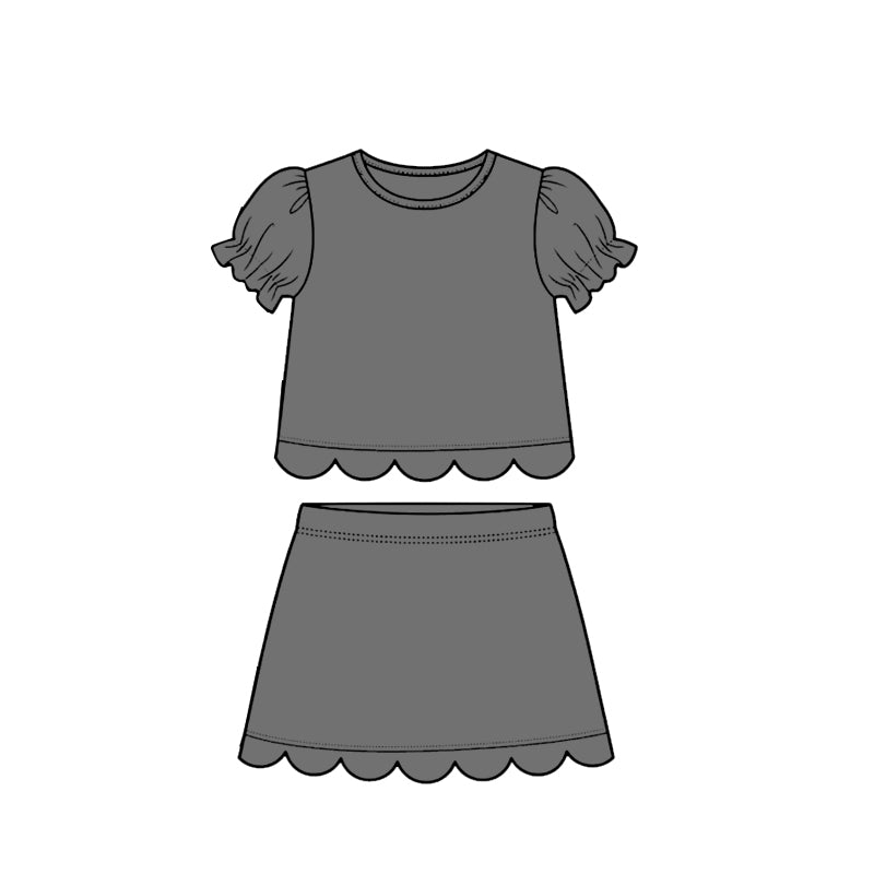 Baby Girls Grey Short Ruffle Sleeve Top Skirt Short Scallop Clothes Sets Preorder