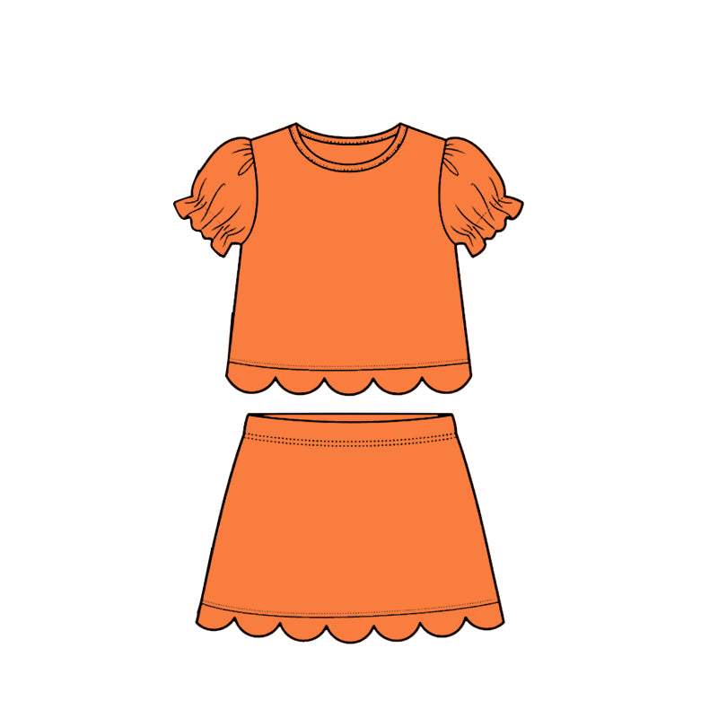 Baby Girls Orange Short Ruffle Sleeve Top Skirt Short Scallop Clothes Sets Preorder