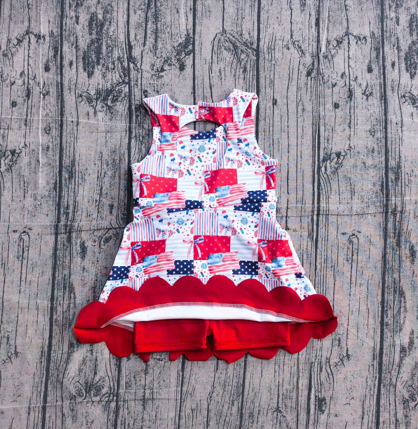 Baby Girls Bows Flags 4th of July Yoga Active Short Scallop Knee Length Dress