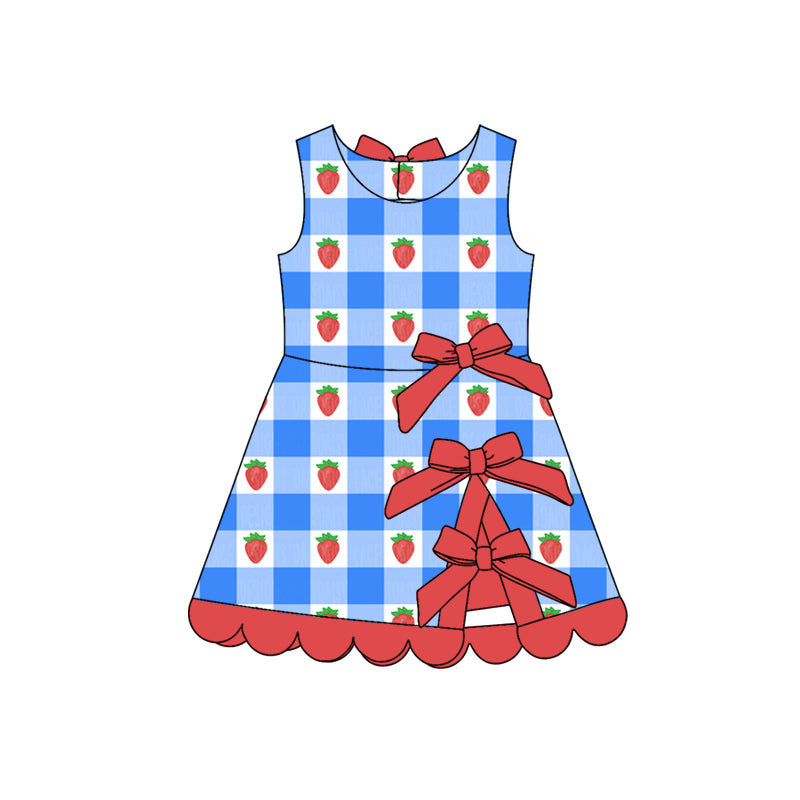 Baby Girls Blue Checked Strawberry Yoga Active Scallop Short Knee Length Dress Preorder