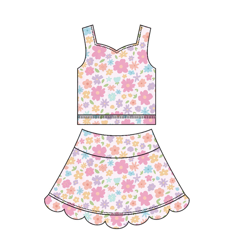 Baby Girls Strap Colorful Flowers Top Scallop Skirt Short Yoga Active Clothes Set Preorder
