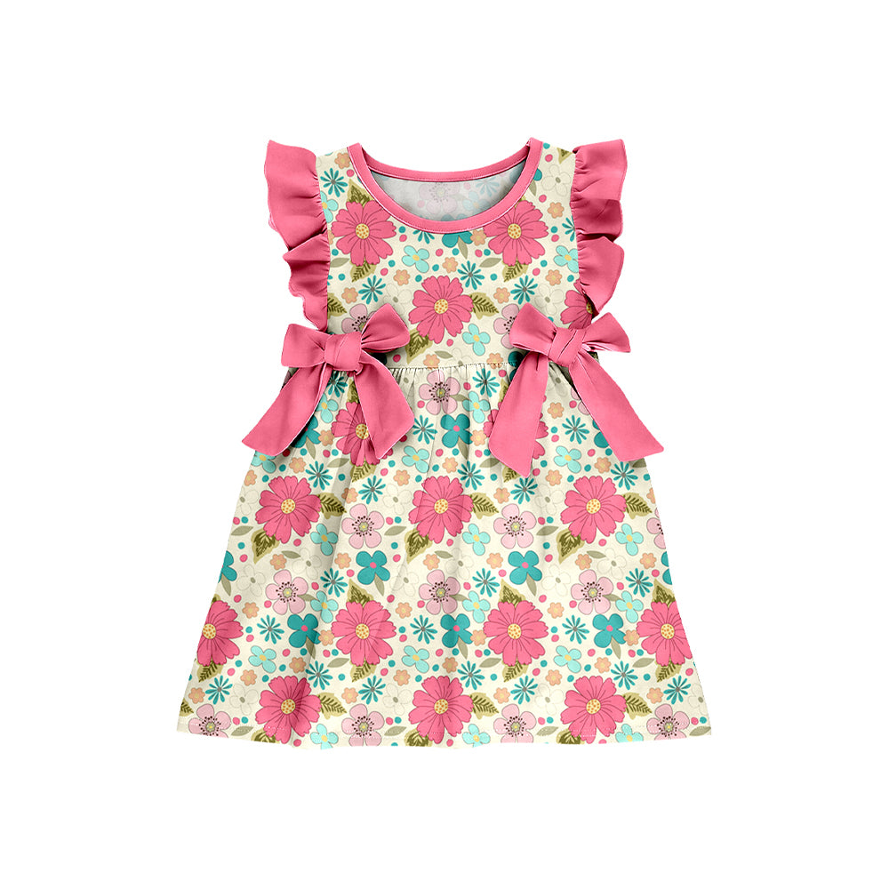 Baby Girls Flutter Sleeve Colorful Flowers Knee Length Dresses Preorder