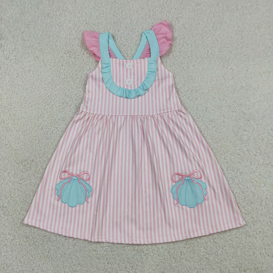 Sibling Baby Girls Pink Stripe Embroidery Bows Shells Strap Knee Length Dress Rompers