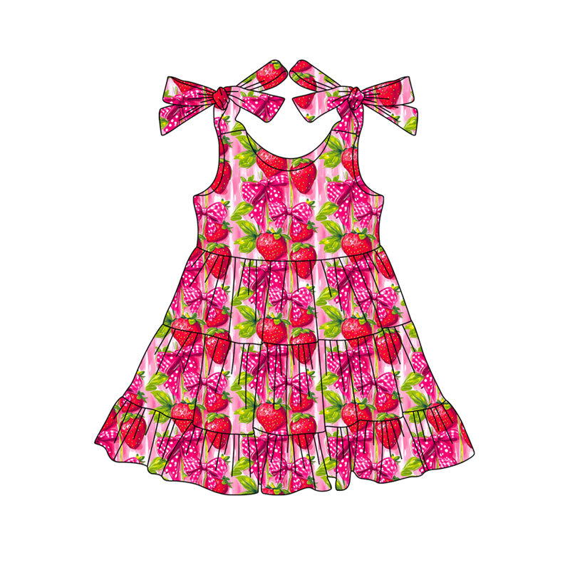 Baby Girls Strap Bows Strawberry Patchwork Knee Length Dresses Preorder