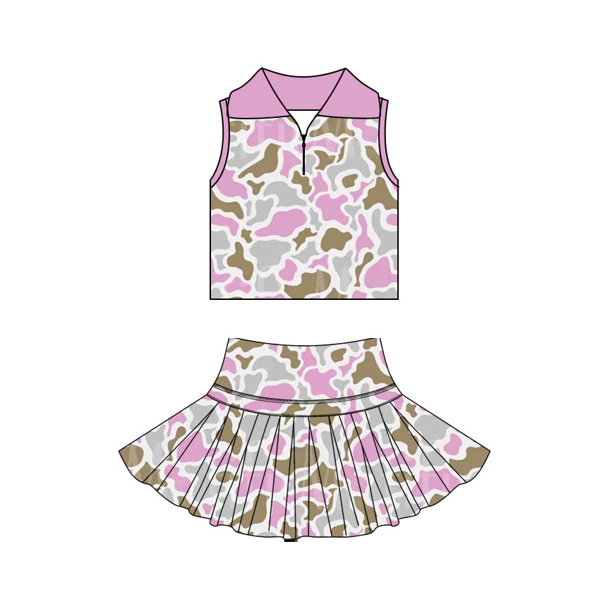 Baby Girls Pink Camo Zipper Top Skirt Short Yoga Active Clothes Set Preorder