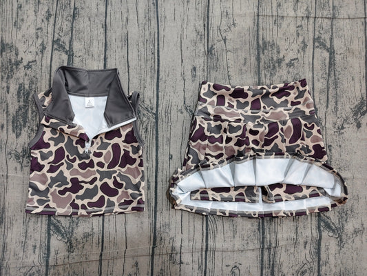 Baby Girls Brown Camo Zipper Top Skirt Short Yoga Active Clothes Set Preorder