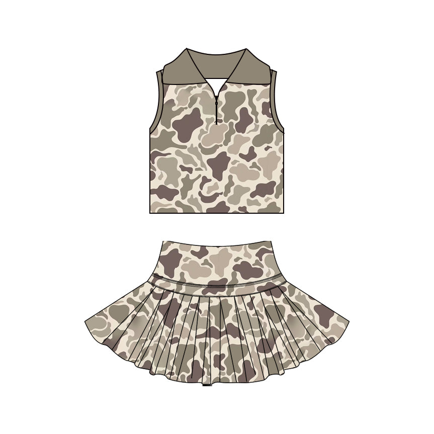 Baby Girls Khaki Camo Zipper Top Skirt Short Yoga Active Clothes Set Preorder