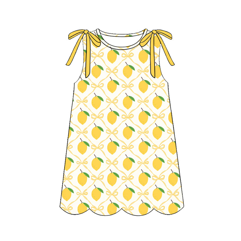 Baby Girls Sleeveless Bows Lemons Checked Scallop Knee Length Dresses Preorder