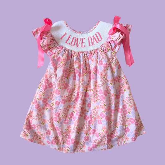 Smocked I Love Dad Baby Girls Flutter Sleeve Flowers Knee Length Dress Preorder