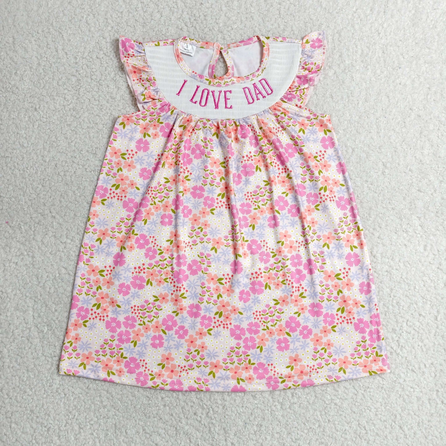 Smocked I Love Dad Baby Girls Flutter Sleeve Flowers Knee Length Dresses