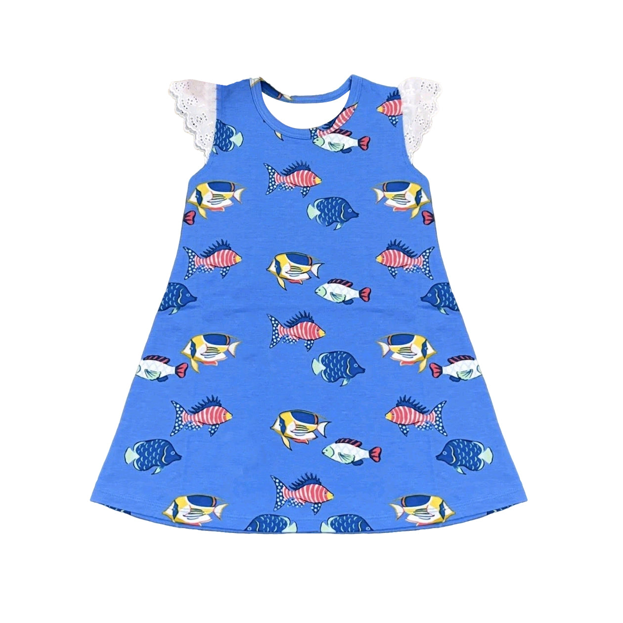 Baby Girls Flutter Sleeve Red Blue Fishes 4th of July Knee Length Dress Preorder