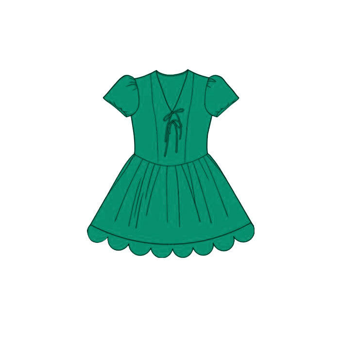 Baby Girls Green Short Ruffle Sleeve Scallop Princess Knee Length Dress Preorder