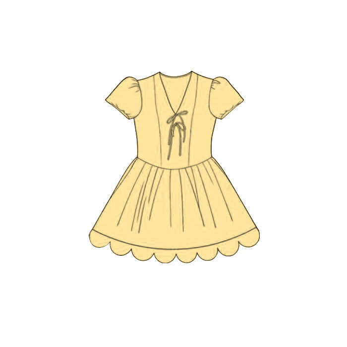 Baby Girls Yellow Short Ruffle Sleeve Scallop Princess Knee Length Dress Preorder