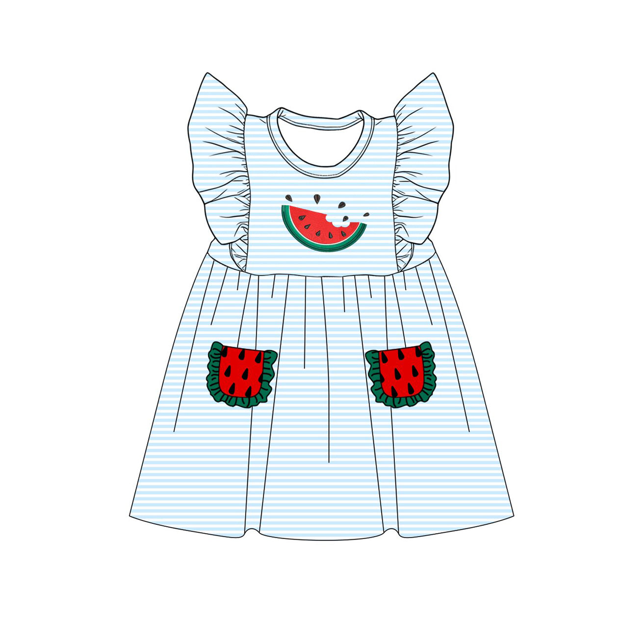 Baby Girls Flutter Sleeve Blue Stripe Watermelon Pockets Knee Length Dress Preorder