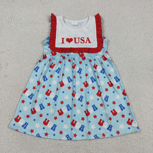 Baby Girls Sleeveless I Love USA Stars 4th of July Knee Length Dresses