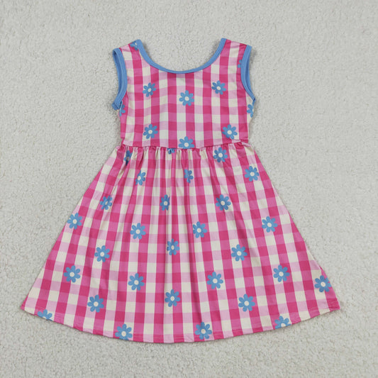 Baby Girls Sleeveless Pink Checked Flowers Back Bow Knee Length Dresses