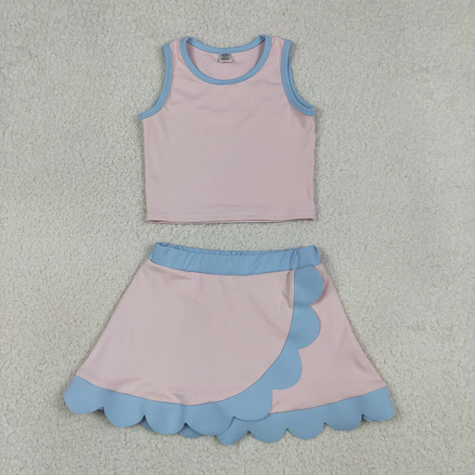 Baby Girls Sleeveless Light Pink Vest Scallop Skirt Short Yoga Active Clothes Set