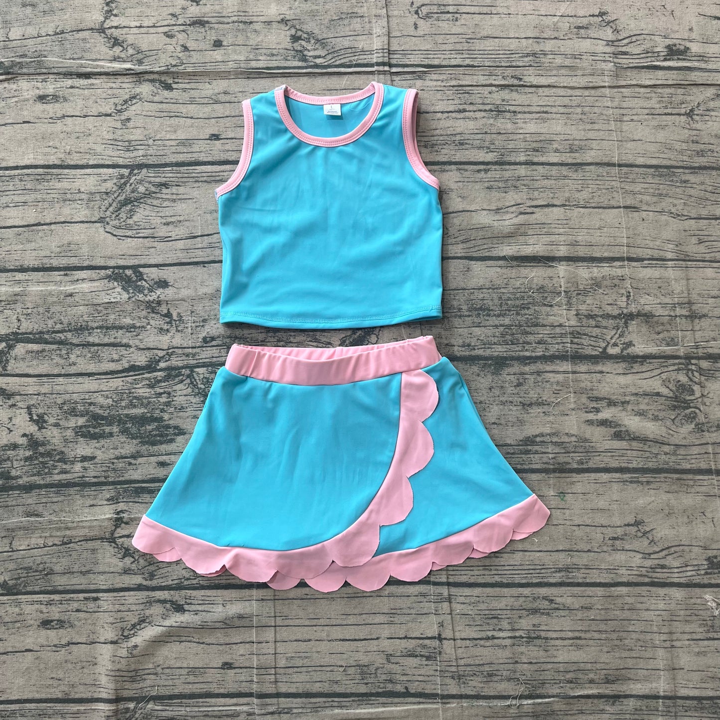 Baby Girls Sleeveless Lake Blue Pink Vest Scallop Skirt Short Yoga Active Clothes Set