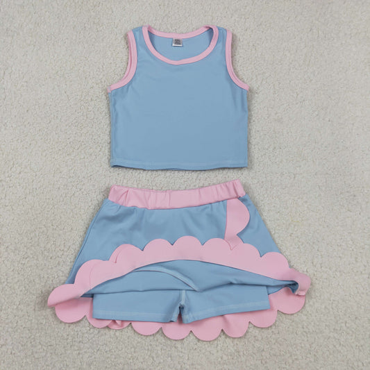 USA Shop Baby Girls Blue Pink Vest Top Scallop Skirt Shorts Yoga Active Clothes Sets