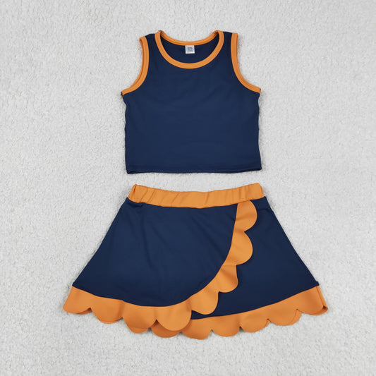Baby Girls Navy Orange Vest Scallop Skirt Short Yoga Active Clothes Set