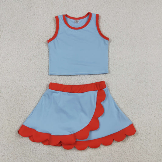 Baby Girls Sleeveless Blue Red Vest Scallop Skirt Short Yoga Active Clothes Set
