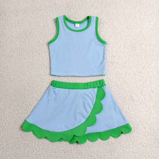 Baby Girls Blue Green Vest Scallop Skirt Short Yoga Active Clothes Set
